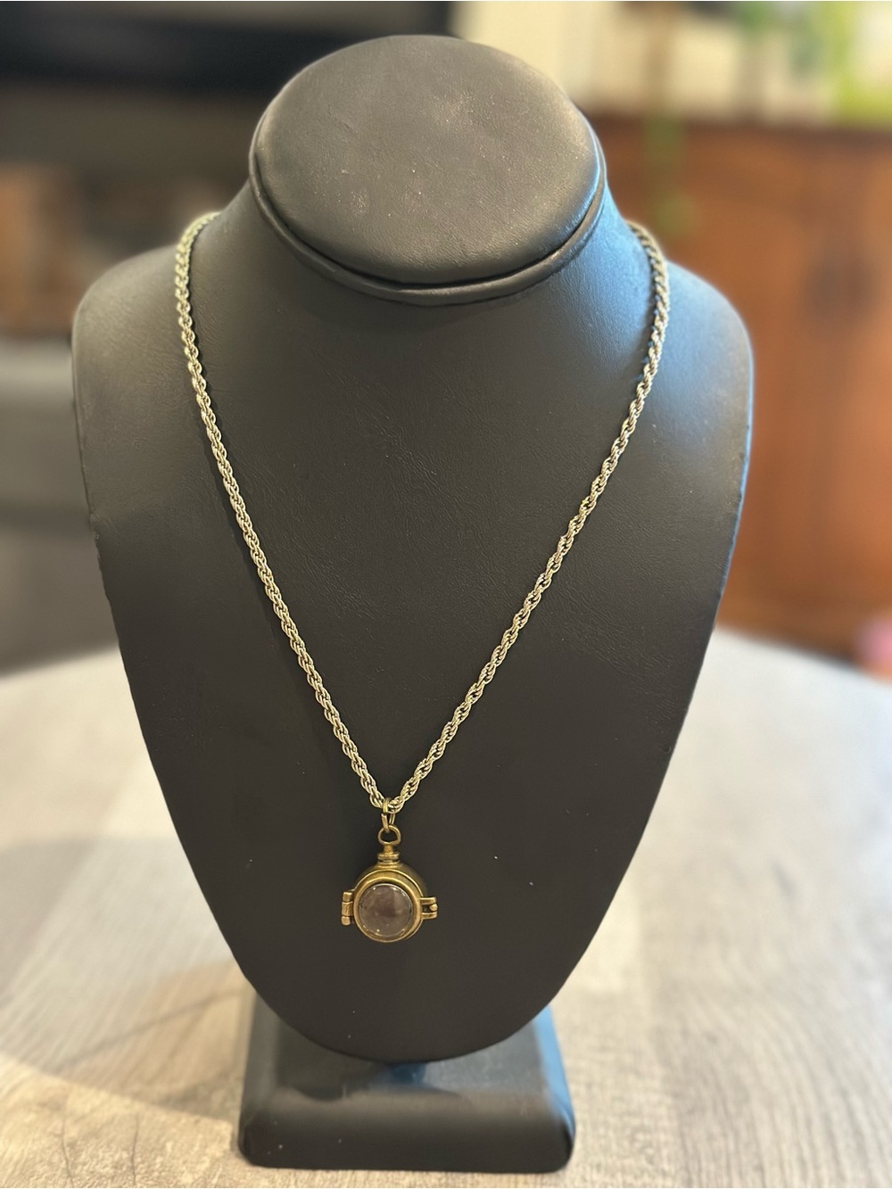 Vintage Gold Tone Bubble Glass Locket Necklace 28” Rope Chain